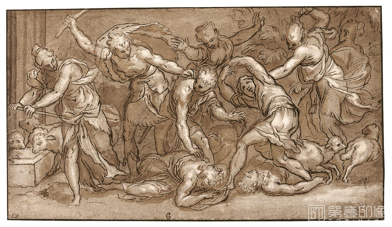 素描-西班牙普拉多美术馆素描藏画-Taller de Farinati, Paolo-Moises defendiendo a las hijas de Madian-1754